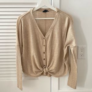 UO Loose-Fit Drapey Waffle Knit Tie-Front Top in Tan Cream